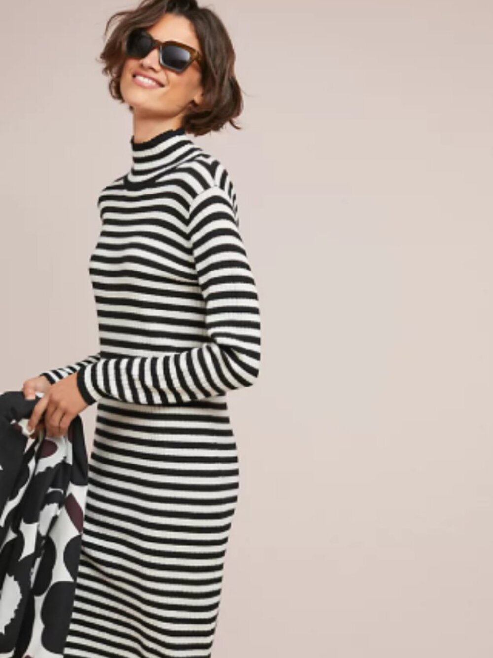 MARIMEKKO Angervo Turtleneck Sweater Dress Wool Black White Stripe Size Large